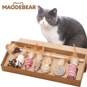 MAODEBEAR 7PCS Cat Teasing Toy Feather Teaser Bells Plush Mice Tooth Grinding Pet Toys Gift Mainan Kucing