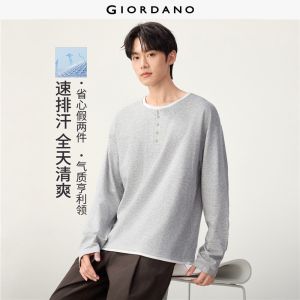 Giordano Beau Monde Men Fake two-piece contrast crewneck long sleeve tee Free Shipping 13026604