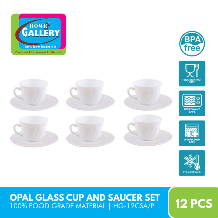 Home Gallery Opal Glass Cup and Saucer Set 12pcs 100 Food Grade Material BPA free Freezer