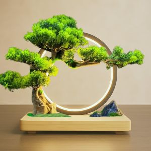 Bộ Tiểu Cảnh Kệ Cây Bonsai và Đèn LED Vòng Hào Quàng Tượng Gốm - Trang Trí Nhà Cửa Góc Làm Việc