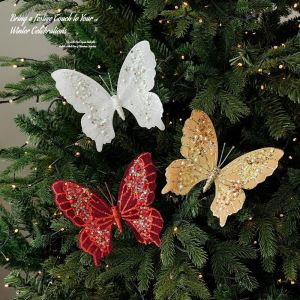 SINGLE Clip-On Christmas Sequin Butterfly Ornament Flocking Finish 3D Glitter Artificial Butterfly Pendant Lightweight Realistic Xmas Butterfly Hanging Decor Xmas Tree Decor