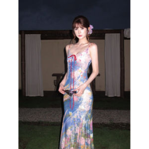 2026 New Summer Women Oil Painting Printed Camisole Elegant Big Swing Mermaid Long Dress