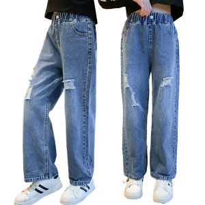 Rolanko Girls Ripped Jeans Wide Leg Baggy Pants Kids Denim Casual Wear Long Pants Fashion Trousers Elastic Waist
