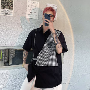 Men Shirt Baju Lelaki Plus Size Shirt Short-sleeved Loose Plaid Stitching Fake Two-piece Casual Jacket