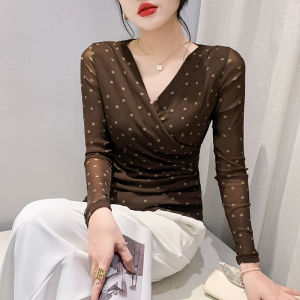 YIMEI New Womens Long Sleeve Mesh Top 2023 Autumn Slim Fit Cross V-neck Polka Dot T-shirt