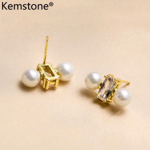 Kemstone 925 Sterling Silver Green White Crystal Pearl Gold Plated Female Stud Earrings Jewerly Gift for Women
