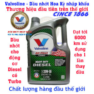 Dầu nhớt 20w50 cho động cơ Diesel có Tubo - Valvoline All Fleet Turbo 20W50/CF-4 - Dầu nhớt Hoa Kỳ nhập khẩu. Thay dầu sau 6000km sử dụng - Can 5 lít tặng 2 viên rửa kính thùng 4 can x 5 lít tặng 10 viên rửa kính.