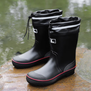 Outdoor Fashion Sepatu Sawah Pria Boot Tinggi Karet Kerja Proyek Anti Air Banjir Hujan Full Black PVC Murah Keren Tidak Licin Touring 276