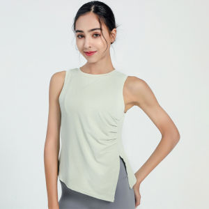 YueJi Side Pleated Sport Vest for Women Summer Thin Sleeveless Quick Dry Round Neck Yoga Tank Tops
