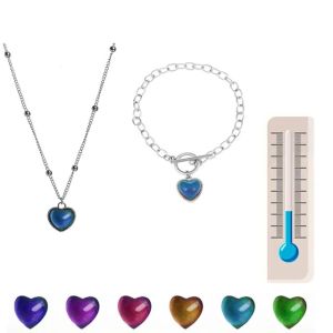 Colorful Changing Mood Magic Heart Shaped Pendant Bracelets Necklace for Women Girl Fashion Jewelry Sister Lovers Gifts