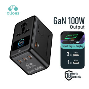 OLLOES GaN 100W Universal Travel Adapter with Smart Digital Display 3 x USB-C 1 x USB-A Fast Charging