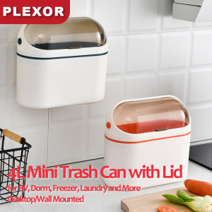 Plexor 4L Desktop Trash Can with Lid Mini Trash Can for Desk Small Office Countertop Garbage Can Mountable Tiny Wastebasket for RV Dorm Freezer Laundry and More (Blue)