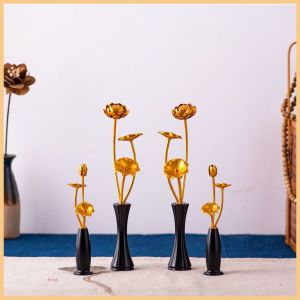 Nhật Bản vàng hoa sen nhỏ Phật Hoa Sen Phật Đường trang trí trang trí bình hoa nhỏ gọn ba bó mini