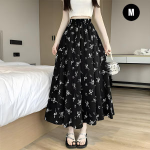 FASHLOVER High Waist Skirt Temperament Printed Long Skirt Floral Large Hem Women