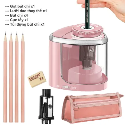 Gọt Bút Chì Điện Tự Động | Combo 5 Món: Hộp Đựng + Gọt + Lưỡi Dao + 4 Bút Chì + Tẩy | Dùng Pin AA