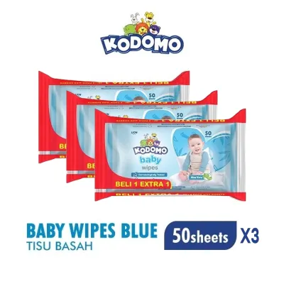 [Paket isi 3] KODOMO Tisu Basah Antibakterial Biru Bag isi 50 (Buy 1 Extra 1)