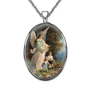 A Classic Style Glass Guardian Angel Pendant Necklace - Retro Oval Alloy Jewelry