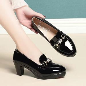 3inch Loafer Block Womens Fashion Glossy Leather Pointed Heels 777