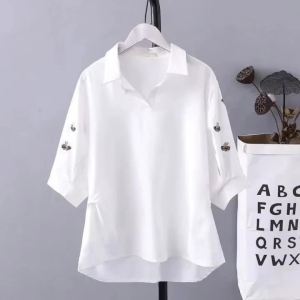 Fashion Loose Elegant WomenS Shirt V-Neck Top Short Sleeve Fashion Temperament Summer Chiffon Embroidered Shirt