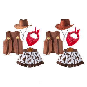 Girls Cowgirl Costume 4 Piece Set Western Styles Role Play Outfit Hat Vest and Short Skirt Scarf For Stage Shows