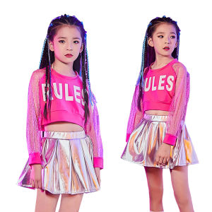 LOlanta Kids Girls Jazz Hip Hop Rose Red Letter Print Top Costume Street Dance Stage Performance Outfits Modern Competition Costume Kids Fashion Casual Wear Silver Skirt