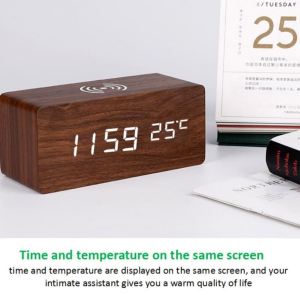 JD-06 Wireless Charging Jam meja Kayu Digital Led Weker / Wooded Alarm LED Clock Waker Suhu temperature date Tanggal Jam Meja