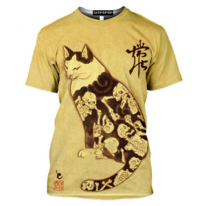 ZEEMIN  2024 Retro T-shirt Men Women Samurai Cat Tattoo Shirt For Men 3d Print Cool Classic Art Shirt For Summer Round Collar Tops Tees