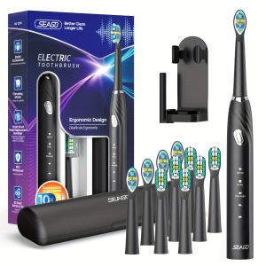 【Original 】Seago Electric Toothbrush with Travel Case Black and White Deep Clean for Oral Care 8 Brush Heads Type-C Fast Charge Toothbrush Suitable for Men and Women
