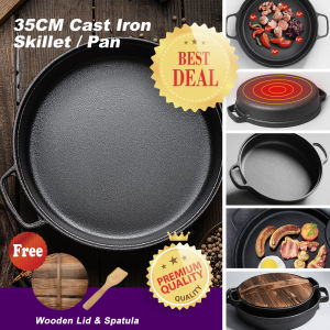 Large 35CM Gourmet Pure Cast Iron Skillet with Ergonomic Dual Loop-Style Handles Cast Iron Heavy Duty Fry Pan with Wooden Lid