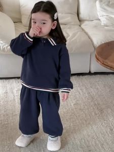 Childrens Autumn and Winter Thickened Outfit Korean Style Baby Clothing Thickened Winter Clothes for Girls Navy Collar Fleece-Lined Set