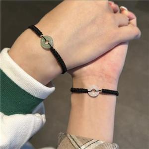 2Pcs Imitation Jade Ping An Buckle Couple Bracelets For Women Men Chinese Pray Safety Buckle Black Rope Adjustable Bracelet Jewelry Valentines Day Gift