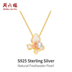 ZHOU LIU FU 周六福 S925 Sterling Silver Necklace Natural Freshwater Pearl Butterfly Necklace Pendant Minimalist Elegant Jewelry for Women Girls X0615448
