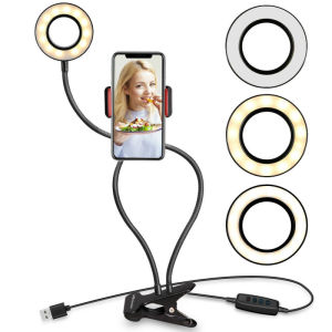 Zeallion 2 in 1 LED Selfie Ring Light with 360 Degree Mobile Phone Holder Stand Long Arm Flexible Desktop Clip Bracket for Live Stream Office Kitchen
