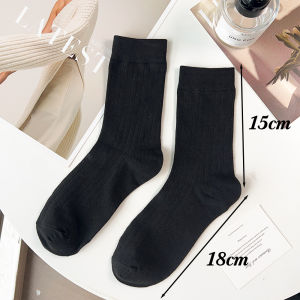 X.z. MOONLIGH Miu สไตล์แถบแนวตั้งสีทึบบางถุงเท้าผ้าฝ้ายครึ่งน่องถุงเท้าผ้าฝ้ายบริสุทธิ์ฤดูใบไม้ผลิและถุงเท้าฤดูใบไม้ร่วง