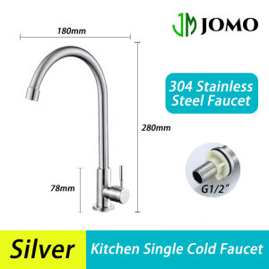 【JOMO】COD 304 Stainless Steel Silver/Black Kitchen Sink Single Cold Faucet Wash Basin Balcony Laundry Basin Splash Proof Rotary Tap