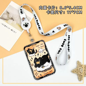 【𝗥𝗲𝗮𝗱𝘆 𝗦𝘁𝗼𝗰𝗸】Cute Black Cat Retractable Card Holder Portable School Office ID Badge Holder Telescopic Lanyard Card