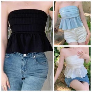 Casual Office Formal Women Plain Pleated Ruffle Hem Tube Top Summer Beach cover up Wear - fits up to large - classy and elegant - timeless classic - timeless piece - casual office or party - classic piece - super kapal ng tela - hindi kayo magsisi -