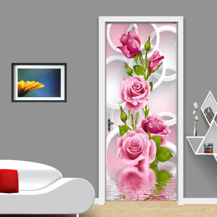 Self adhesive 3D Rose Flower Door Sticker wallpaper Mural Bedroom wall