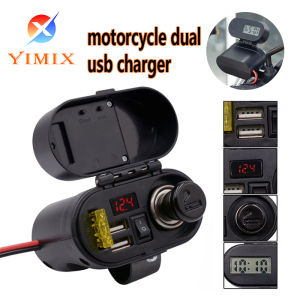 Motorcycle Dual USB Port 5V Charger with Voltmeter Time Display Waterproof Motorcycle Charger