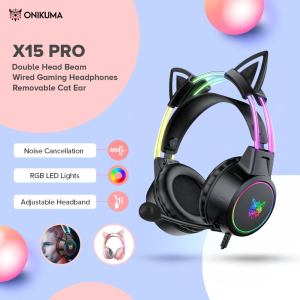 Onikuma X15 Pro Gaming Headset with Mic and Noise Cancellation Headphone Cute Wired Cat Ear Game Headphones RGB Colorful Luminous Head Beam HD Mic Stereo Surround Sound PC MAC Headsets