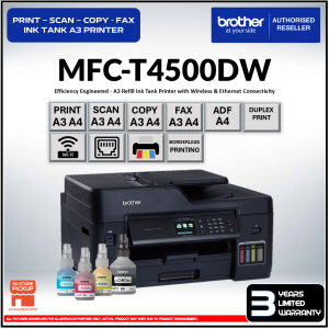 Brother Inkjet Color Refillable Ink Tank A3 A4 4in1 Wireless Printer MFC-T4500DW