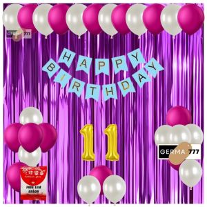 Set Pesta Dekorasi Balon Putih Ulang Tahun Anak Banner Happy Birthday Biru Tirai Ungu Dekor Ultah
