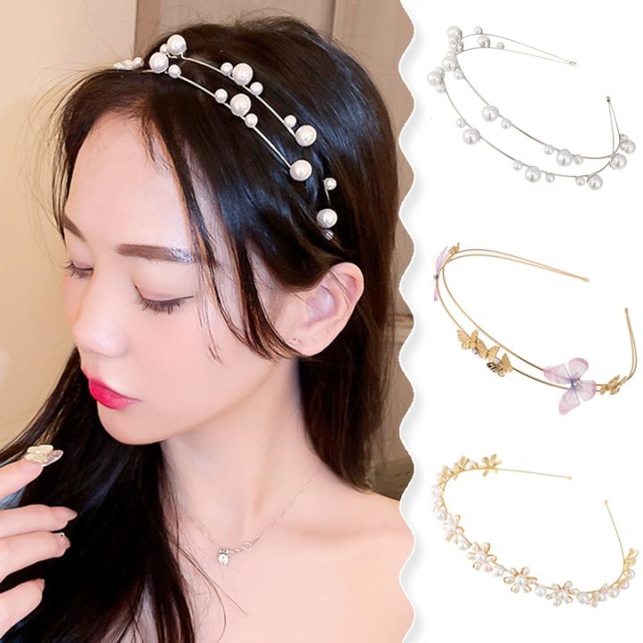 Pearl Gold Silver Thin Headband w/Gem Stones Women Girls Metal Hairband  Stylish 