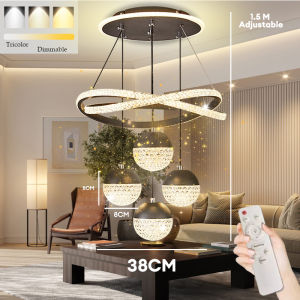 LED Pendant Light For Living Room Modern Design 4 Crystal Ball Tri-Color Dimmable Chandelier Circle Ceiling Drop Lights Nordic Creativity Adjustable Length With Remote Control Hanging Light For Dinning Room Restaurant Home Decor