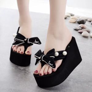 [Free Shipping] 11Cm Super High Heel Flip-Flops With Handmade Pearl Bow Non-Slip Fashionable WomenS Beach Sandals For Seaside Vacations And Travel