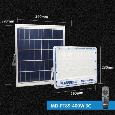 MODI โคมไฟสปอตไลท์โซล่าเซลล์รุ่น100W/200W/300W/400 (แสงขาว/เปิดได้ 3 แสง) สายยาว 5M รีโมทคอนโทรล โหมดแจ้งเตือนภัย