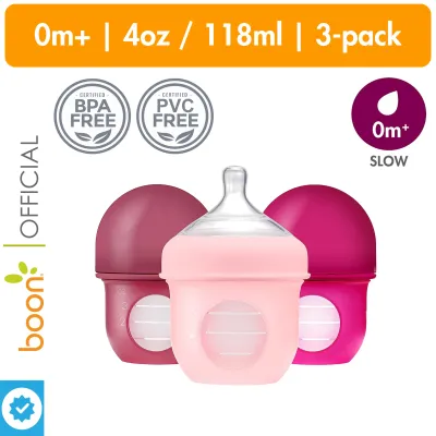 Boon Set of 3 Nursh Silicone Baby Feeding Bottle (with Pouches) | 4oz/118ml | BPA-Free | Pink Shades