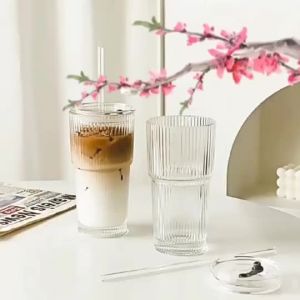 FZC Cốc cà phê thủy tinh sọc 600ML có nắp và ống hút ly uống nước trong suốt
