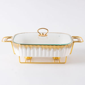 Kitchen Plus White and Gold Ceramic Chafing Serving Dish Ceramic Food Warmer with Lid KP149