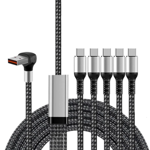Multi Charging Data Cable for Cellphone 66W USB Fast Charging Cord 90 Degree USB A to 5 Type-C Male Splitter Cord
